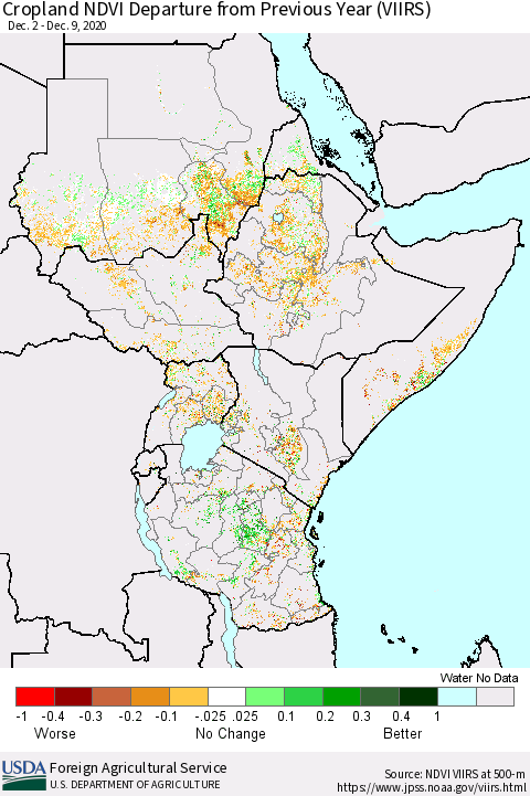 Eastern Africa Cropland NDVI Departure from Previous Year (VIIRS) Thematic Map For 12/1/2020 - 12/10/2020