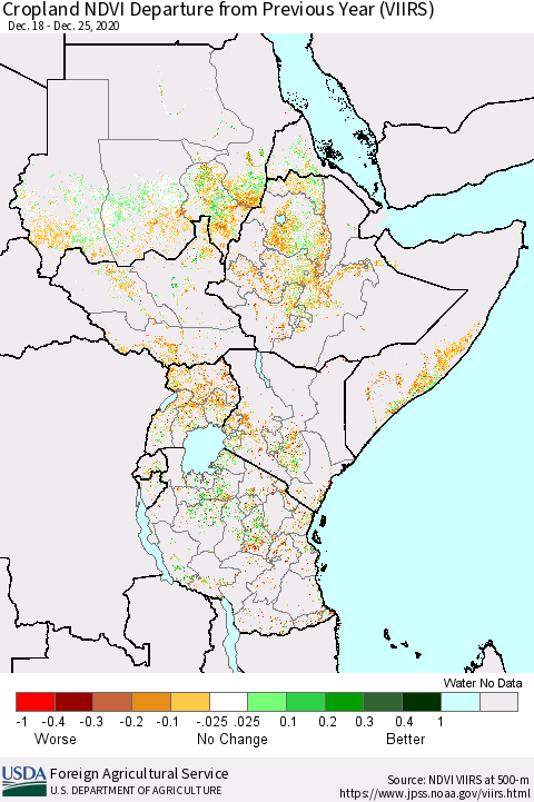 Eastern Africa Cropland NDVI Departure from Previous Year (VIIRS) Thematic Map For 12/21/2020 - 12/31/2020