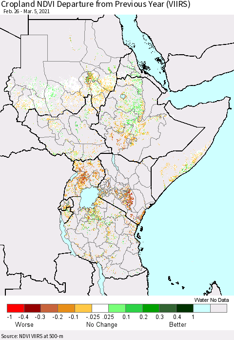 Eastern Africa Cropland NDVI Departure from Previous Year (VIIRS) Thematic Map For 2/26/2021 - 3/5/2021