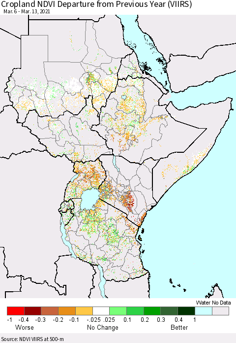 Eastern Africa Cropland NDVI Departure from Previous Year (VIIRS) Thematic Map For 3/6/2021 - 3/13/2021