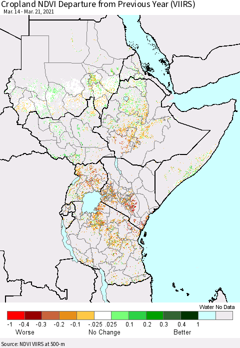 Eastern Africa Cropland NDVI Departure from Previous Year (VIIRS) Thematic Map For 3/14/2021 - 3/21/2021
