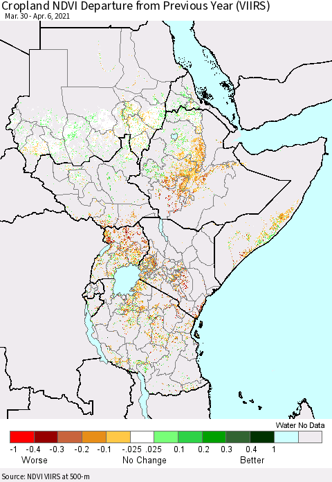 Eastern Africa Cropland NDVI Departure from Previous Year (VIIRS) Thematic Map For 3/30/2021 - 4/6/2021