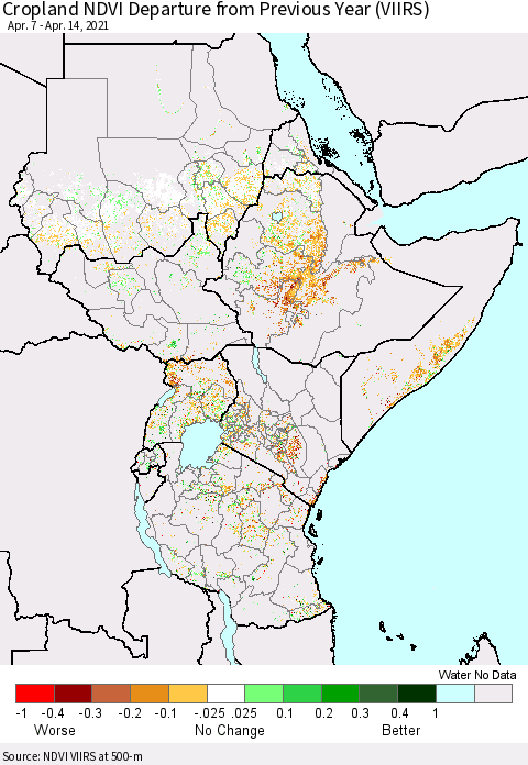 Eastern Africa Cropland NDVI Departure from Previous Year (VIIRS) Thematic Map For 4/7/2021 - 4/14/2021