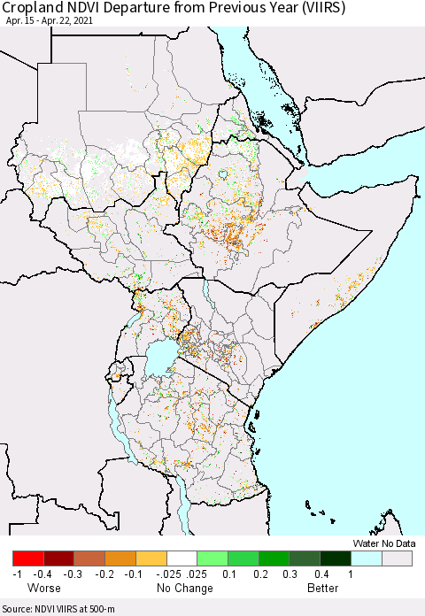 Eastern Africa Cropland NDVI Departure from Previous Year (VIIRS) Thematic Map For 4/15/2021 - 4/22/2021