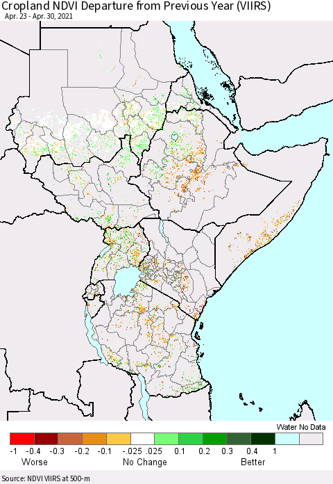 Eastern Africa Cropland NDVI Departure from Previous Year (VIIRS) Thematic Map For 4/23/2021 - 4/30/2021
