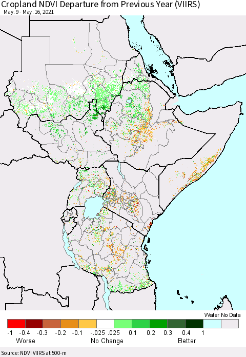 Eastern Africa Cropland NDVI Departure from Previous Year (VIIRS) Thematic Map For 5/9/2021 - 5/16/2021