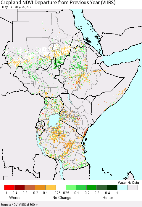 Eastern Africa Cropland NDVI Departure from Previous Year (VIIRS) Thematic Map For 5/17/2021 - 5/24/2021