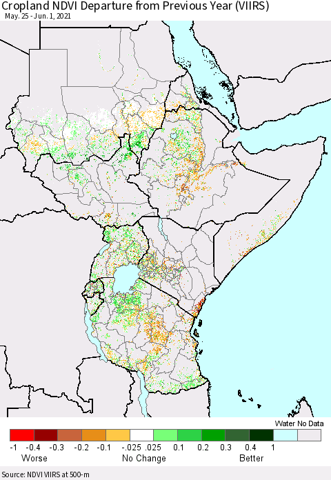 Eastern Africa Cropland NDVI Departure from Previous Year (VIIRS) Thematic Map For 5/25/2021 - 6/1/2021