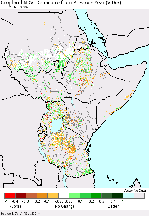 Eastern Africa Cropland NDVI Departure from Previous Year (VIIRS) Thematic Map For 6/2/2021 - 6/9/2021