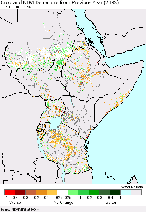 Eastern Africa Cropland NDVI Departure from Previous Year (VIIRS) Thematic Map For 6/10/2021 - 6/17/2021