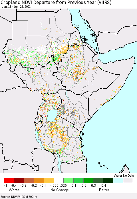 Eastern Africa Cropland NDVI Departure from Previous Year (VIIRS) Thematic Map For 6/18/2021 - 6/25/2021