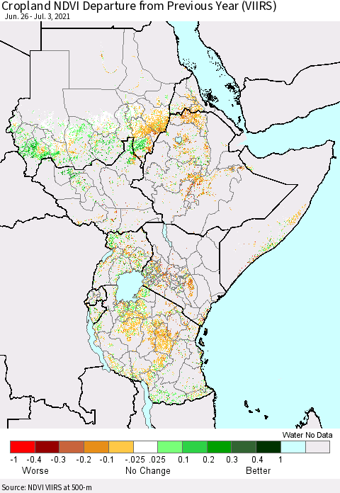 Eastern Africa Cropland NDVI Departure from Previous Year (VIIRS) Thematic Map For 6/26/2021 - 7/3/2021