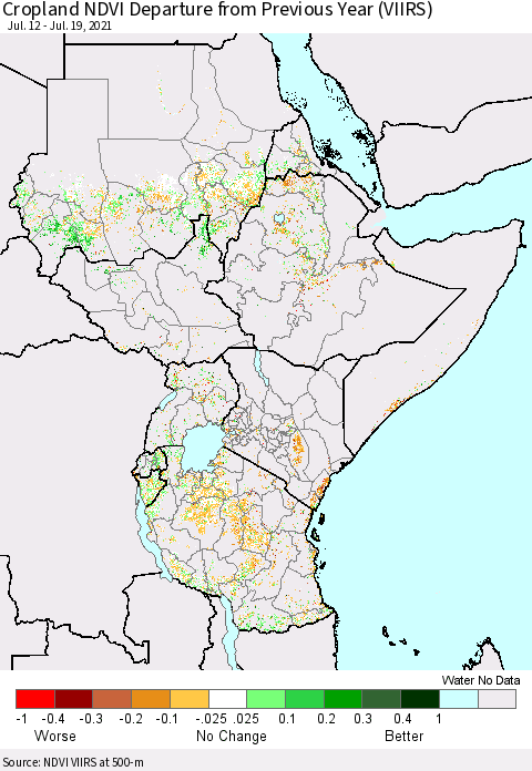 Eastern Africa Cropland NDVI Departure from Previous Year (VIIRS) Thematic Map For 7/12/2021 - 7/19/2021