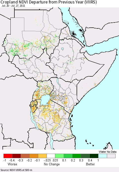 Eastern Africa Cropland NDVI Departure from Previous Year (VIIRS) Thematic Map For 7/20/2021 - 7/27/2021