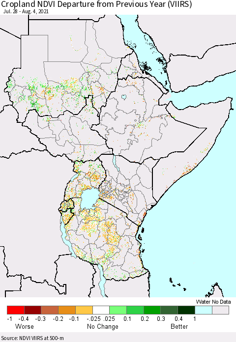 Eastern Africa Cropland NDVI Departure from Previous Year (VIIRS) Thematic Map For 7/28/2021 - 8/4/2021