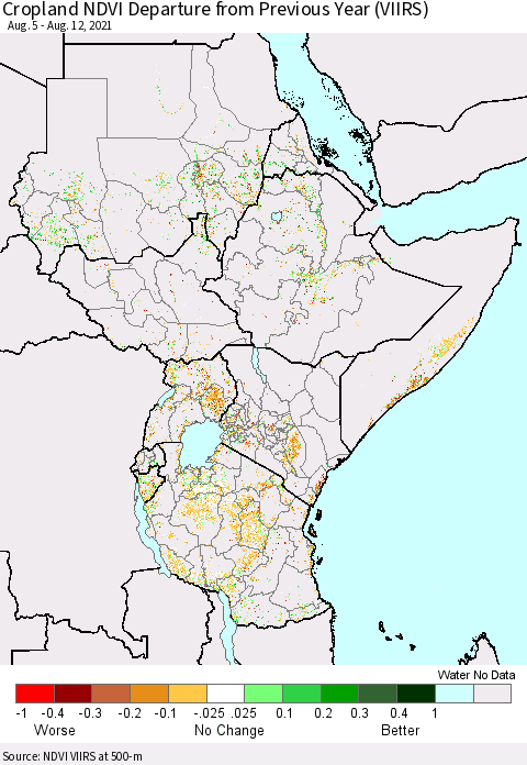 Eastern Africa Cropland NDVI Departure from Previous Year (VIIRS) Thematic Map For 8/5/2021 - 8/12/2021