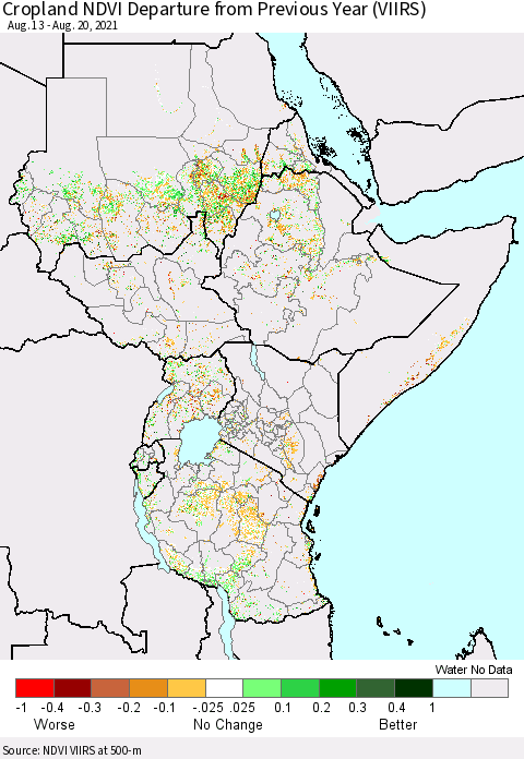 Eastern Africa Cropland NDVI Departure from Previous Year (VIIRS) Thematic Map For 8/13/2021 - 8/20/2021