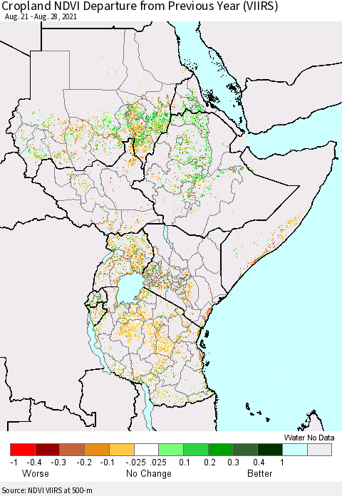 Eastern Africa Cropland NDVI Departure from Previous Year (VIIRS) Thematic Map For 8/21/2021 - 8/28/2021