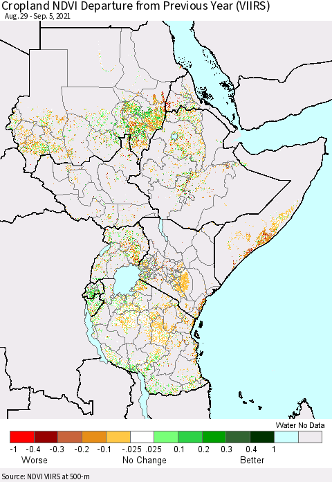 Eastern Africa Cropland NDVI Departure from Previous Year (VIIRS) Thematic Map For 8/29/2021 - 9/5/2021