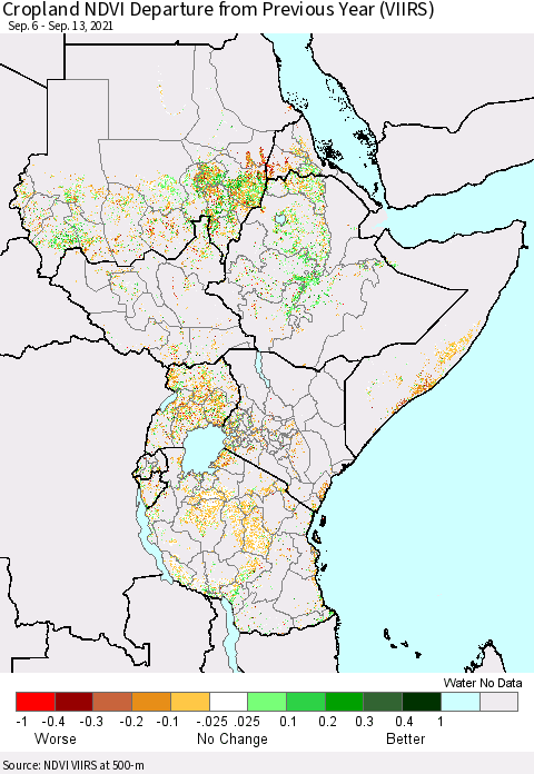 Eastern Africa Cropland NDVI Departure from Previous Year (VIIRS) Thematic Map For 9/6/2021 - 9/13/2021