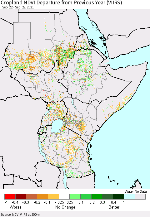 Eastern Africa Cropland NDVI Departure from Previous Year (VIIRS) Thematic Map For 9/22/2021 - 9/29/2021