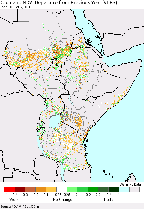 Eastern Africa Cropland NDVI Departure from Previous Year (VIIRS) Thematic Map For 9/30/2021 - 10/7/2021