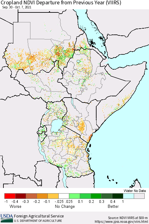 Eastern Africa Cropland NDVI Departure from Previous Year (VIIRS) Thematic Map For 10/1/2021 - 10/10/2021