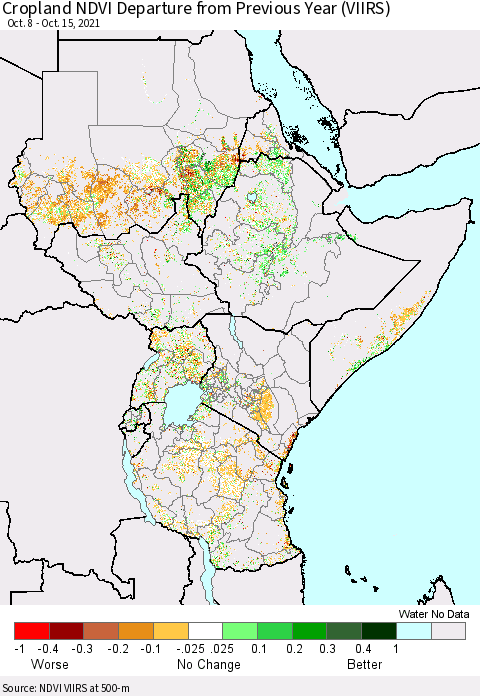 Eastern Africa Cropland NDVI Departure from Previous Year (VIIRS) Thematic Map For 10/8/2021 - 10/15/2021