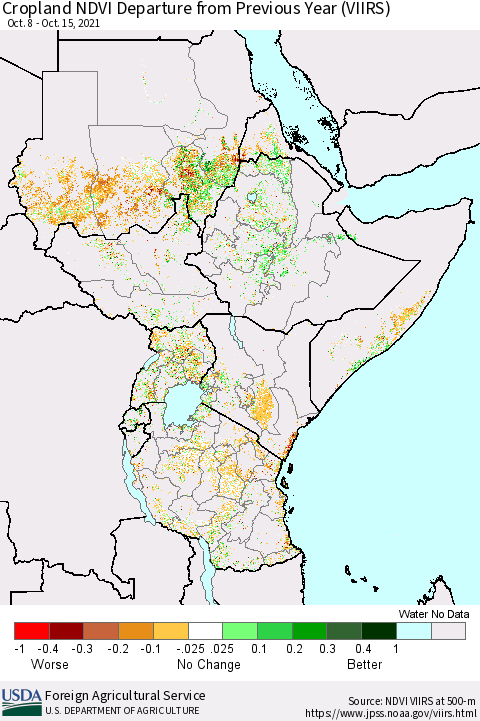 Eastern Africa Cropland NDVI Departure from Previous Year (VIIRS) Thematic Map For 10/11/2021 - 10/20/2021