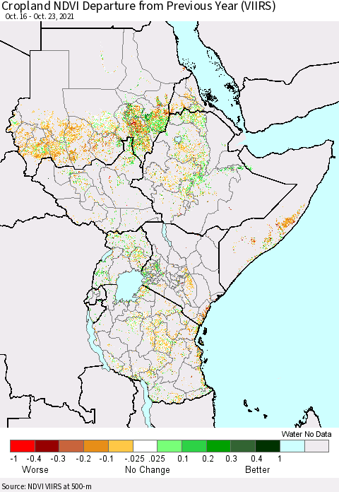 Eastern Africa Cropland NDVI Departure from Previous Year (VIIRS) Thematic Map For 10/16/2021 - 10/23/2021