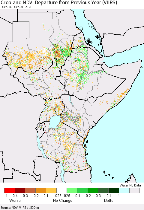 Eastern Africa Cropland NDVI Departure from Previous Year (VIIRS) Thematic Map For 10/21/2021 - 10/31/2021