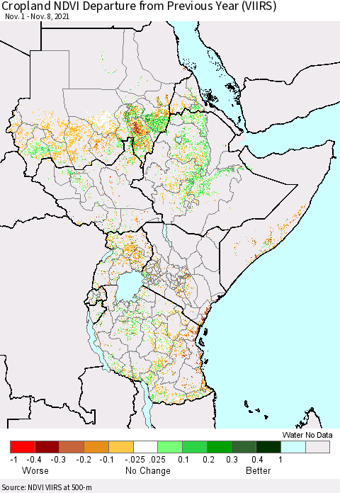 Eastern Africa Cropland NDVI Departure from Previous Year (VIIRS) Thematic Map For 11/1/2021 - 11/8/2021