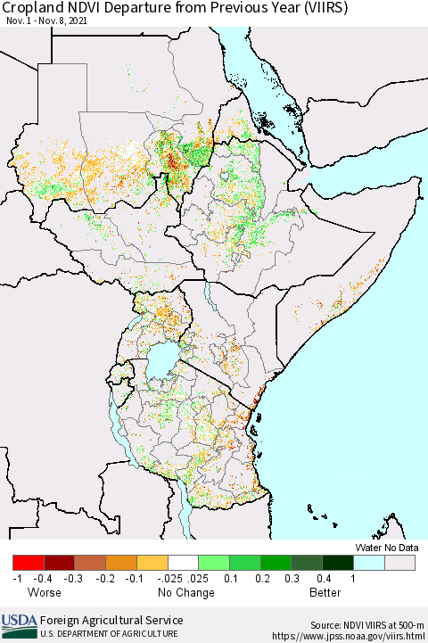 Eastern Africa Cropland NDVI Departure from Previous Year (VIIRS) Thematic Map For 11/1/2021 - 11/10/2021
