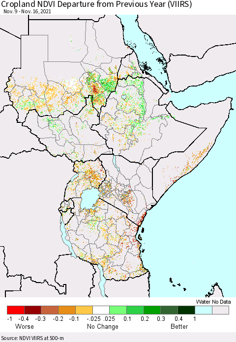 Eastern Africa Cropland NDVI Departure from Previous Year (VIIRS) Thematic Map For 11/9/2021 - 11/16/2021