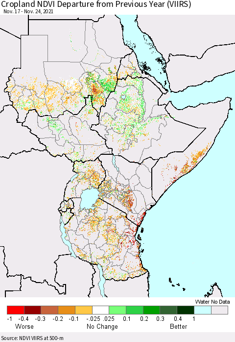 Eastern Africa Cropland NDVI Departure from Previous Year (VIIRS) Thematic Map For 11/17/2021 - 11/24/2021