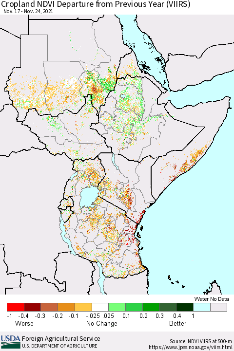 Eastern Africa Cropland NDVI Departure from Previous Year (VIIRS) Thematic Map For 11/21/2021 - 11/30/2021