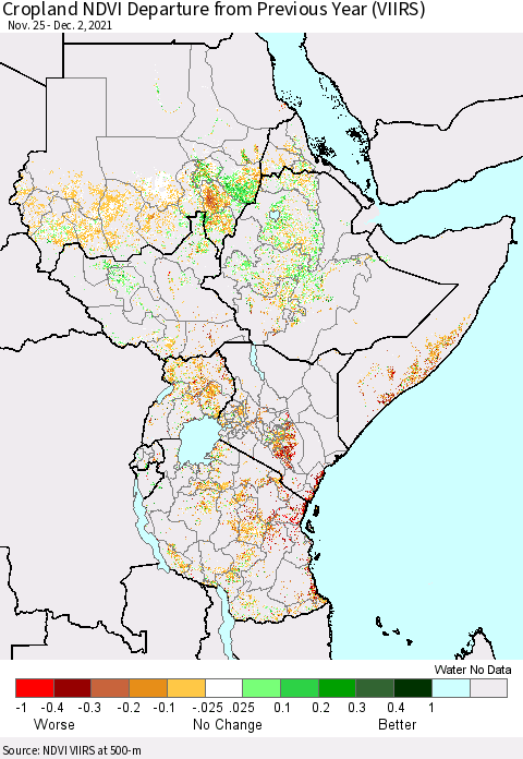Eastern Africa Cropland NDVI Departure from Previous Year (VIIRS) Thematic Map For 11/25/2021 - 12/2/2021