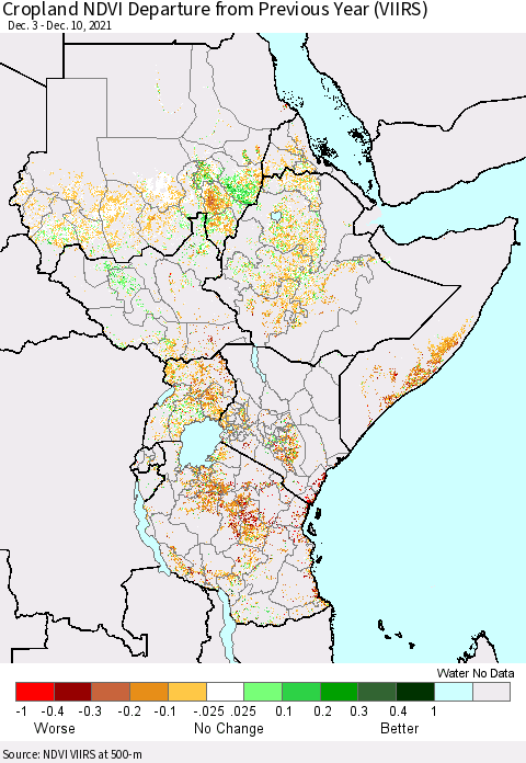 Eastern Africa Cropland NDVI Departure from Previous Year (VIIRS) Thematic Map For 12/3/2021 - 12/10/2021