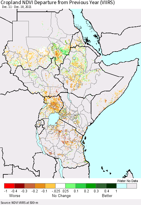 Eastern Africa Cropland NDVI Departure from Previous Year (VIIRS) Thematic Map For 12/11/2021 - 12/18/2021