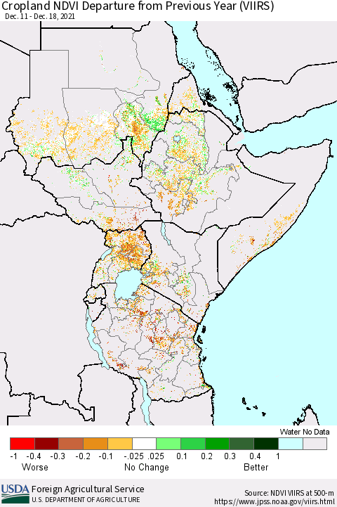 Eastern Africa Cropland NDVI Departure from Previous Year (VIIRS) Thematic Map For 12/11/2021 - 12/20/2021