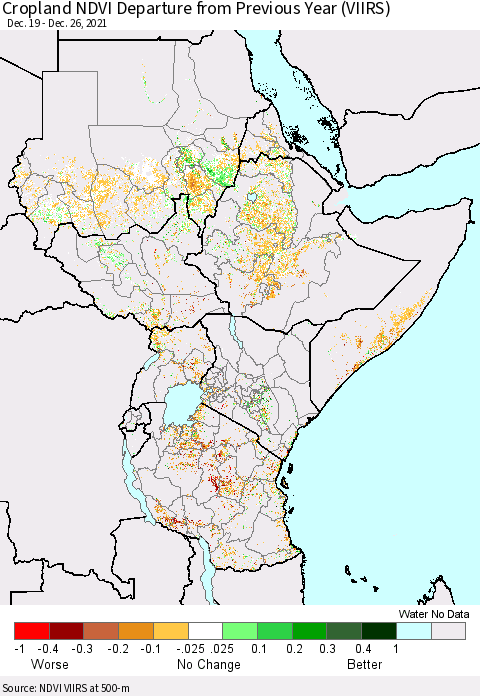 Eastern Africa Cropland NDVI Departure from Previous Year (VIIRS) Thematic Map For 12/19/2021 - 12/26/2021