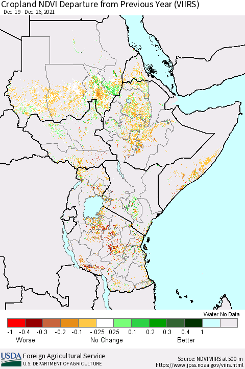 Eastern Africa Cropland NDVI Departure from Previous Year (VIIRS) Thematic Map For 12/21/2021 - 12/31/2021