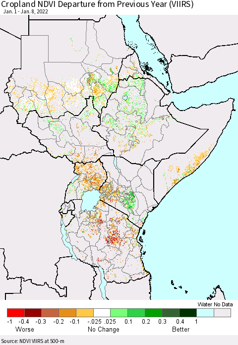 Eastern Africa Cropland NDVI Departure from Previous Year (VIIRS) Thematic Map For 1/1/2022 - 1/8/2022