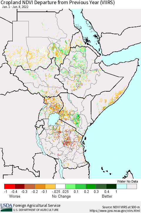 Eastern Africa Cropland NDVI Departure from Previous Year (VIIRS) Thematic Map For 1/1/2022 - 1/10/2022