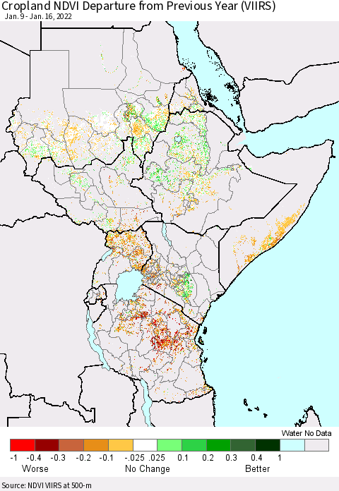 Eastern Africa Cropland NDVI Departure from Previous Year (VIIRS) Thematic Map For 1/9/2022 - 1/16/2022