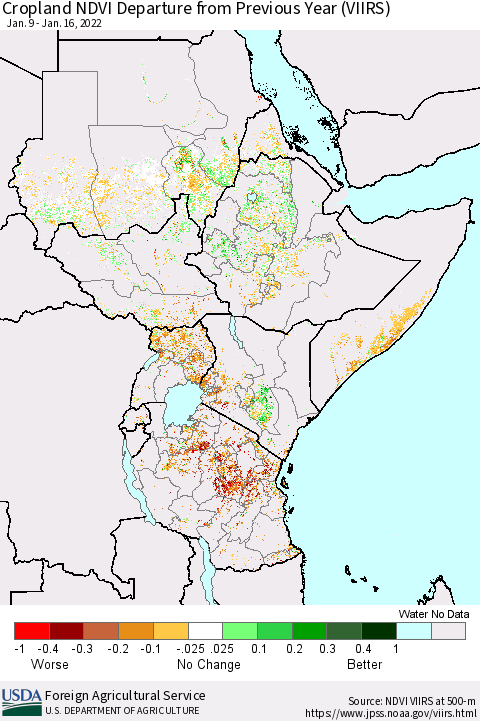 Eastern Africa Cropland NDVI Departure from Previous Year (VIIRS) Thematic Map For 1/11/2022 - 1/20/2022