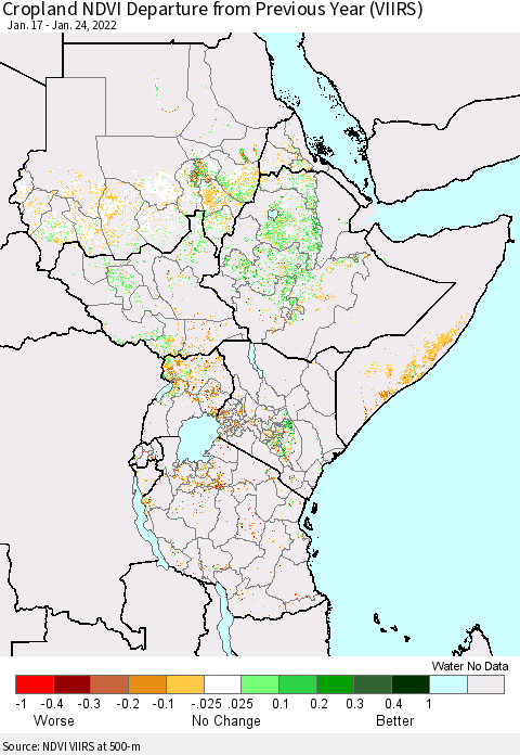 Eastern Africa Cropland NDVI Departure from Previous Year (VIIRS) Thematic Map For 1/17/2022 - 1/24/2022