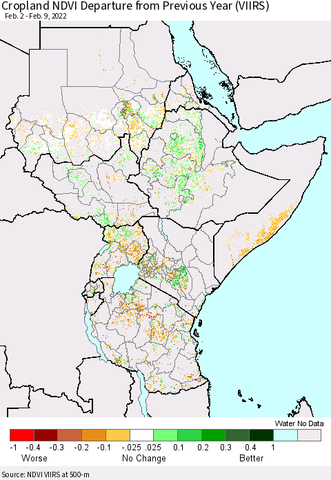 Eastern Africa Cropland NDVI Departure from Previous Year (VIIRS) Thematic Map For 2/2/2022 - 2/9/2022