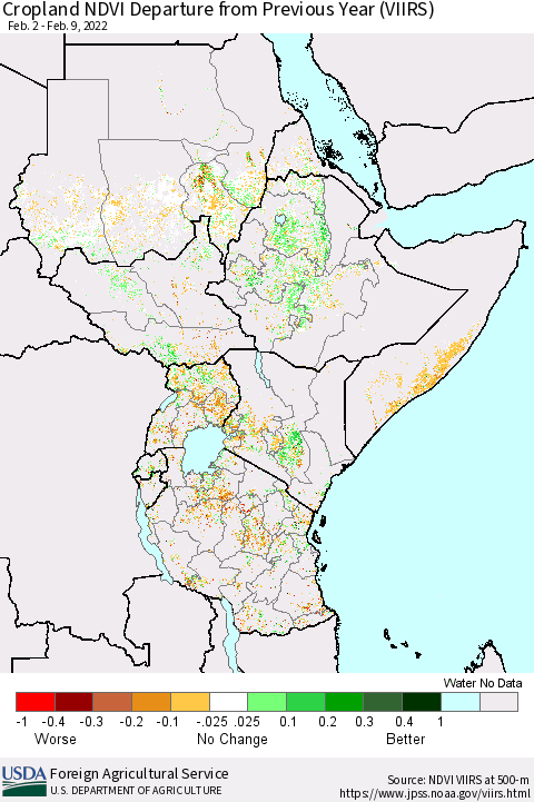 Eastern Africa Cropland NDVI Departure from Previous Year (VIIRS) Thematic Map For 2/1/2022 - 2/10/2022