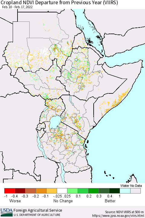 Eastern Africa Cropland NDVI Departure from Previous Year (VIIRS) Thematic Map For 2/11/2022 - 2/20/2022